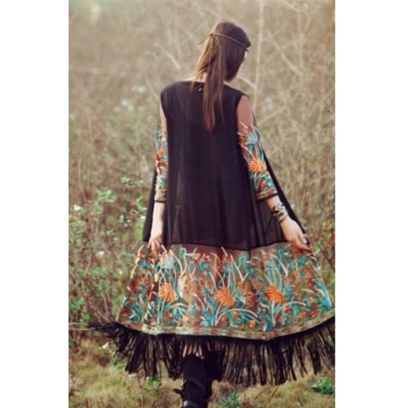 Boho Black Sheer Embroidered Fringe Kimono Duster - Picture 4 of 8